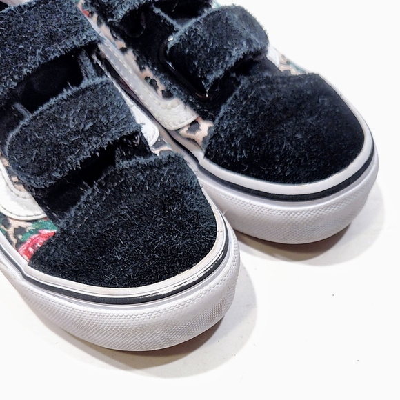 Vans Kids Leopard Floral Old Skool V Sneakers Black Suede 10.5 US Hook & Loop - Picture 4 of 9